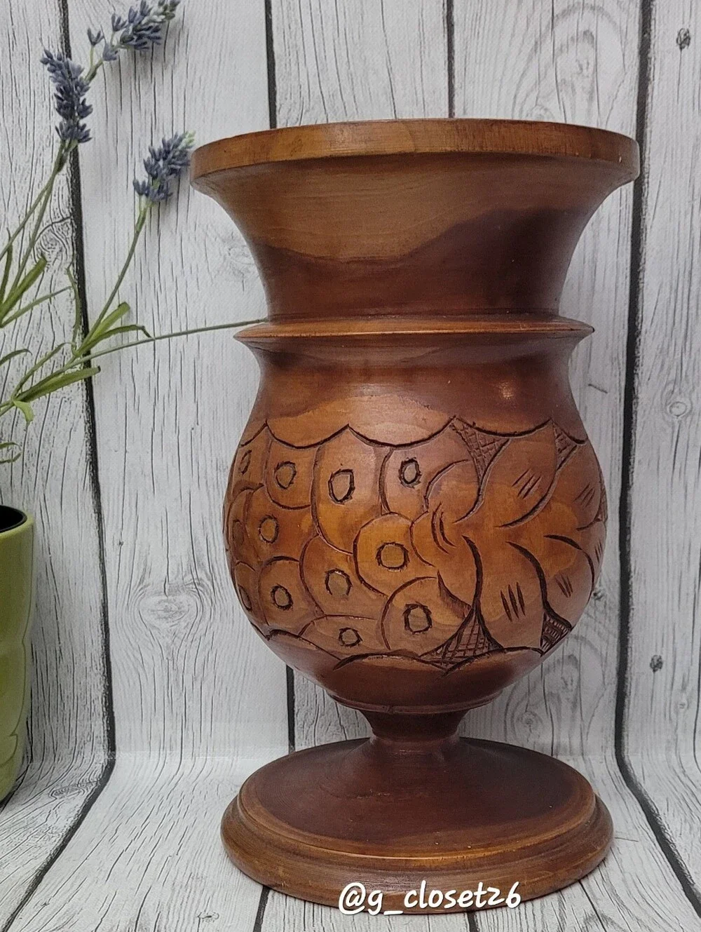 Handcrafted Brown Carved Wood Decorative Urn - Home Accents